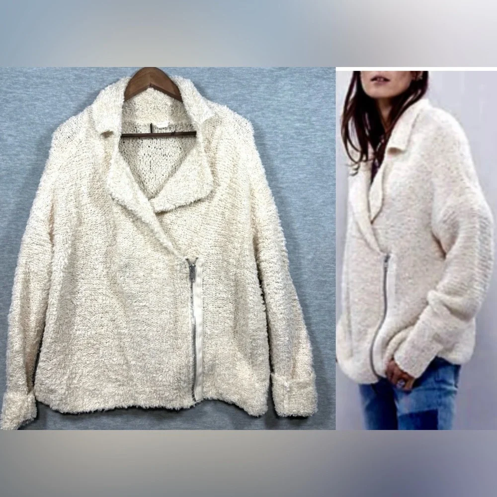 Free People Womens S‎ Sweater Wool Blend Cream Fuzzy Jacket Asymmetrical Zip